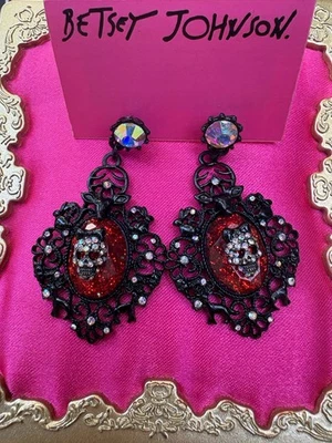 Betsey Johnson Vintage Dark Forest Red Glitter Black Skull Cameo AB Earrings - Image 1 of 2