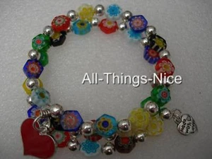 MILLEFIORI Murano Flower Glass Bangle Wrap Love Heart Charm Bracelet Jewellery - Picture 1 of 1