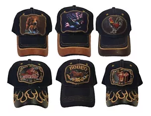 Rodeo Cowboy Bear Eagle Rooster Cock Fight Faux Leather Cotton Jean Cap Hat - Picture 1 of 14