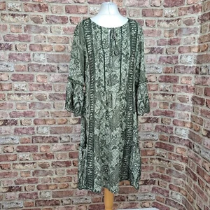 Next Dress Green Paisley Floral UK 14 3/4 Sleeve Gathered Waist Flare - Picture 1 of 14