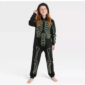 NEW Hyde & Eek Halloween Skeleton Glow-In-The-Dark Kids L Pajamas PJs Hooded - Picture 1 of 6