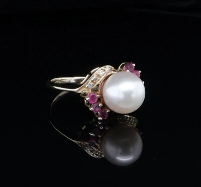 A Vintage Pearl Diamond & Ruby Set 14ct Gold Cocktail Ring Size J Val $2160 - Image 1 of 4