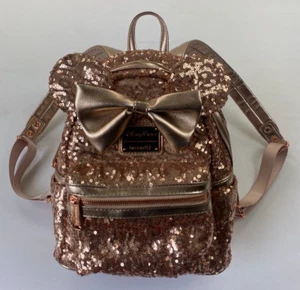 Loungefly Disney Parks Minnie Mouse Sequin Mini Backpack Rose Gold - Picture 1 of 16