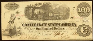 T40 Estados Confederados de América $100 11 de septiembre de 1862 Cr. 298 S/N 42814 - Imagen 1 de 2