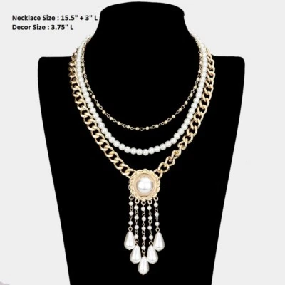 Collar con flecos para babero de oro crema cadena capa cadena cadena perla llamativa múltiples cuentas Foto 1 de 2