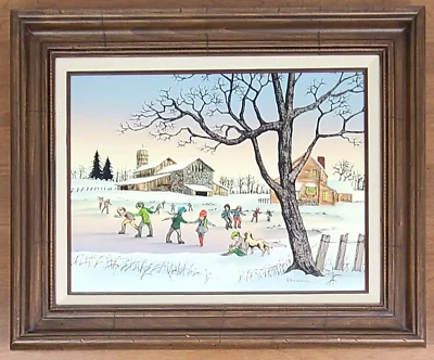 H. Hargrove "The Ice Skating Pond" Winter Scene Oil Painting On Canvas Framed - Image 1 of 4