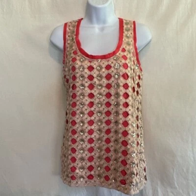 F-6 Deletta 粉色亮片蕾丝衬里无袖套衫夏季衬衫 M 码 — 第 1/4 张图片