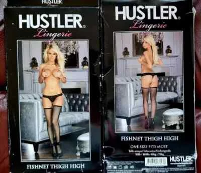 HUSTLER BLACK FISHNET HOLD UPS THIGH HIGH SEXY LINGERIE UK 8-16 90-160LB BOXED - Image 1 of 3