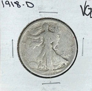 1918-D WALKING LIBERTY SILVER HALF DOLLAR ~VG ~NICE COIN~ - Picture 1 of 2