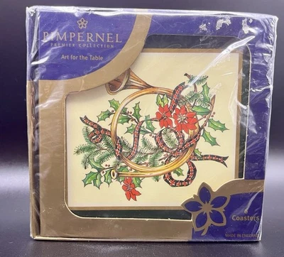 Pimpernel Yuletide Horn Coasters Cork Backed Vintage Christmas Holiday New NIP - Image 1 of 4