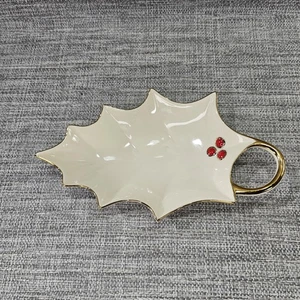 Lenox Feiertag Stechpalme Blatt offen Schmuck Süßigkeiten Schale rote Beeren auf Creme - Bild 1 von 8