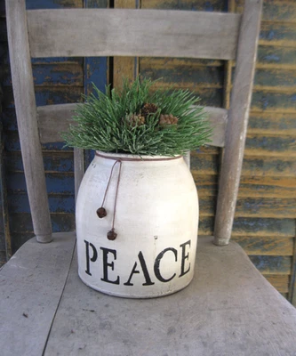 Antigua vasija de conservas de gres pintura blanca leche PAZ plantilla imitación pino Foto 1 de 4