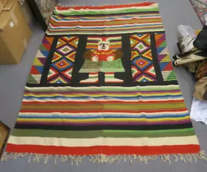 Vintage Mexican Aztec Ethnic Art Blanket Wool Kilim Handmade Weaving 54" x 77" - Picture 1 of 7