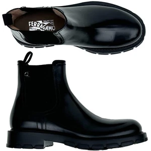 FERRAGAMO Men's Black Leather Formal Chelsea Ankle Gancini Boots Dress Casual - Picture 1 of 7