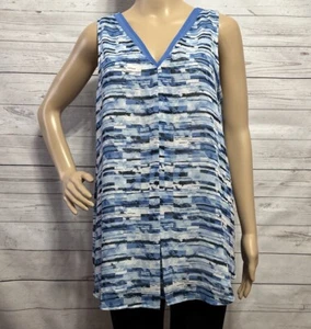 Vince Camuto Sleeveless Blouse Medium Blue Pattern V-Neck Semi-Sheer Layered Top - Picture 1 of 13