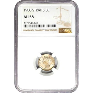 1900 Straits Settlements 5 Cents, NGC AU 58, KM-10 - Picture 1 of 2