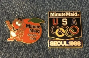 Alfiler Olímpico Seúl 1988 ~ Lote de 2 ~ Mascota Hodori ~ Patrocinador Minute Maid de HoHo Nueva York - Imagen 1 de 3