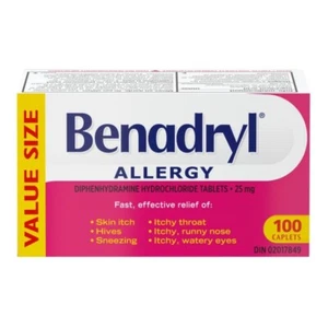 Benadryl Allergy Itch Hives Diphenhydramine Hydrochloride 25mg 100 Caplets - Picture 1 of 2