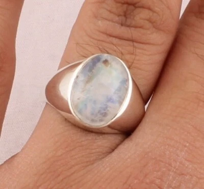Anillo llamativo ovalado de piedra lunar arco iris de plata esterlina 925 sólida Foto 1 de 4