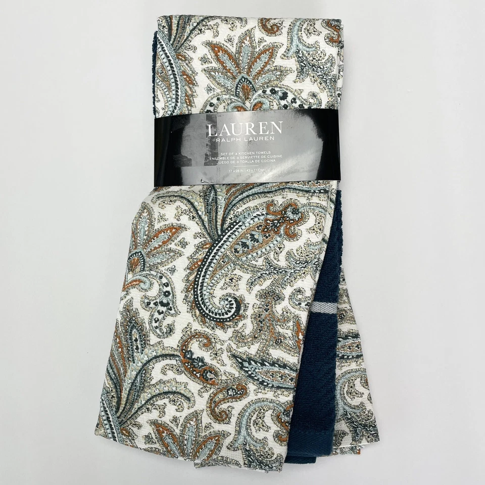 Juego de 3 toallas de cocina Ralph Lauren Delphi Paisley Rust verde azulado oscuro 100 % algodón Foto 1 de 4