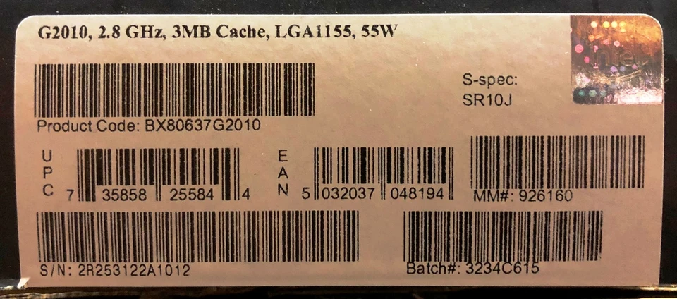 Intel BX80637G2010 SR10J Pentium Processor G2010 3M Cache, 2.80 GHz NEW RETAIL  - Image 1 of 1
