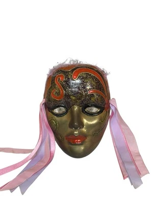 Metal Venetian Style Mask 15cm Gold Pink Ribbons Wall Decor Masquerade - Image 1 of 4