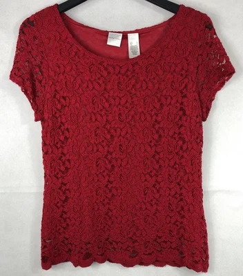 Top Emma James Rojo Cuello Redondo Manga Corta con Superposición de Encaje GRANDE (T27) Foto 1 de 4