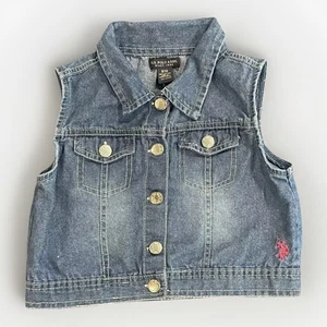 U.S. Polo Assn Denim Blue Jean Vest Button Pink Logo Collar Girls Size 8-10 - Picture 1 of 20