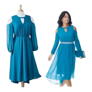 size L Peacock Blue Chiffon Midnight Velvet Office Casual Wedding Guest Dress - Picture 1 of 16