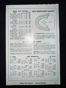 1963 SAN FRANCISCO GIANTS - HOME/AWAY ROSTER SCHEDULES STADIUM DIMENSIONS - Picture 1 of 2