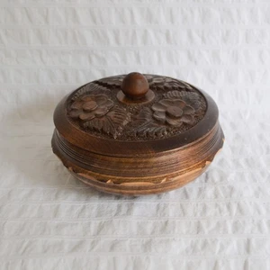 Vintage rustikale handgeschnitzte geätzte Holz Deckeltopf Floral Rose Dekor Aufbewahrung - Bild 1 von 8