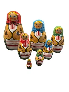 USSR Matryoshka Dolls 7 Piece Set Hand Painted Wood Maiden Girls VTG Collectible - Picture 1 of 8