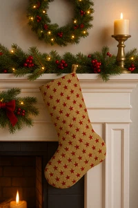 Buy Now Handmade Burlap Christmas Stocking with Red Stars - Eco Friendly - Picture 1 of 4