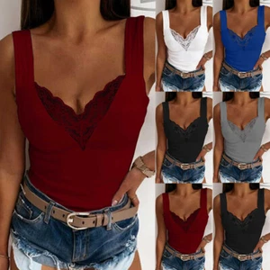 Womens Lace Cami Tank Tops Ladies Summer Sleeveless Blouse Vest T-Shirt Size US - Picture 1 of 11