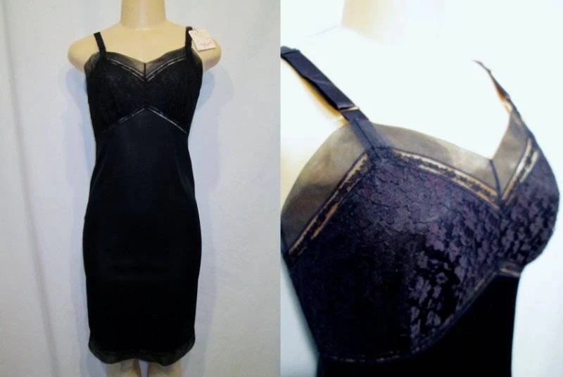 Vestido Completo De Colección Nuevo de Lote Antiguo Años 50 Sin Mangas Negro MOJUD Gasa Encaje Nylon 32 Pin Up Foto 1 de 1