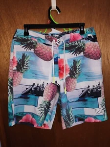 American Eagle Floral Tropical Pineapple Print Board Swim Shorts Mens Size Med - Picture 1 of 8