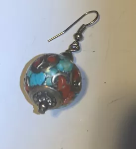 Vintage 925 Silber Navajo Indianer Stil Einzel Ohrring Türkis Koralle Kugel Kugel - Bild 1 von 3