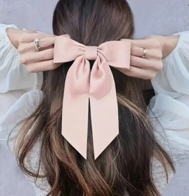 Pink Satin Stylish Bow Big Ribbon Bow Knot Hair Clip All Hair Types Non Slip - Image 1 of 3