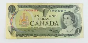 1973 CANADA $1.00 REPEATER NOTE SERIAL NUMBER FN0248248 CIRCULATED WITH INK - Picture 1 of 2