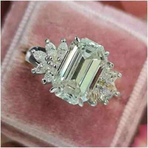 4Ct Emerald Cut Created Diamond Cluster Engagement Ring 14K White Gold - Picture 1 of 6