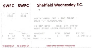 SHEFFIELD MITTWOCH GEGEN SUNDERLAND LEAGUE CUP ~ KOMPLETTES TICKET 12. SEPTEMBER 2001 - Bild 1 von 1