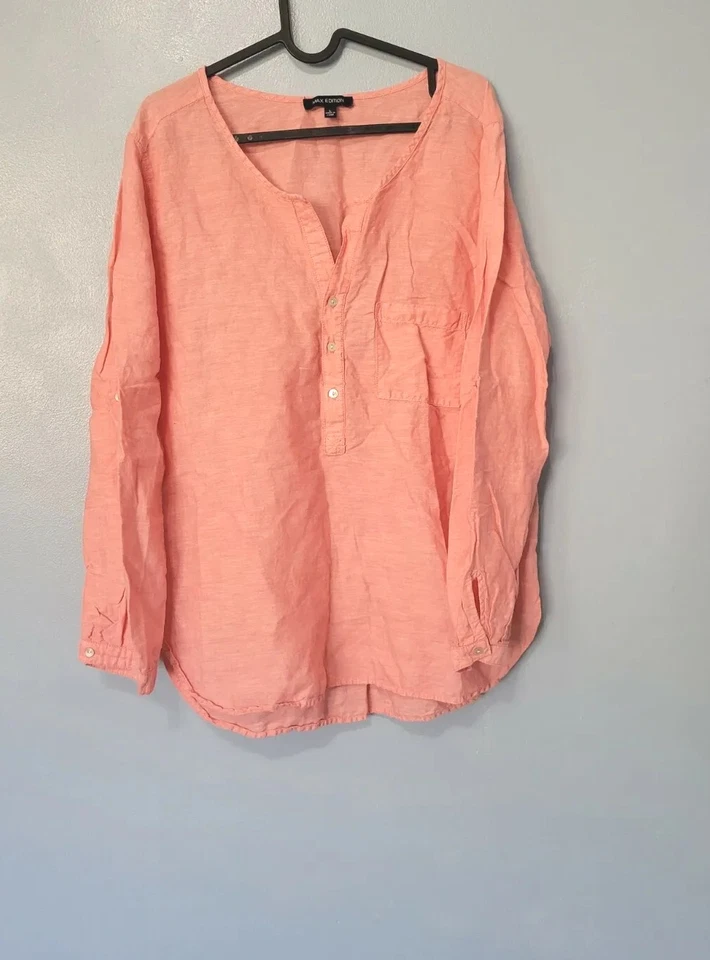 Top túnica para mujer Max Edition manga enrollable mezcla de lino grande rosa Foto 1 de 4