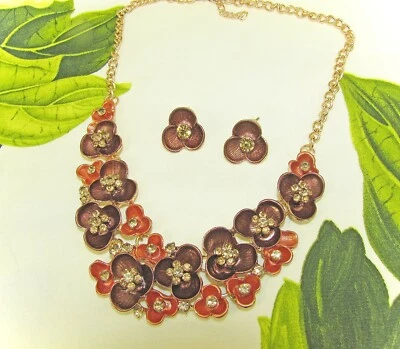 Juego de collar y pendiente de flor de cristal marrón y beige con color esmalte - NUEVO Foto 1 de 4