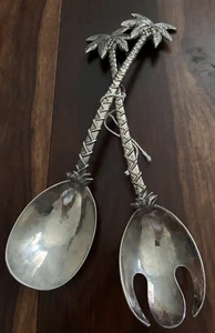 Vintage GODINGER Silver Plate SALAD Serving Fork & Spoon Set PALM TREE 12 1/2" - Picture 1 of 11