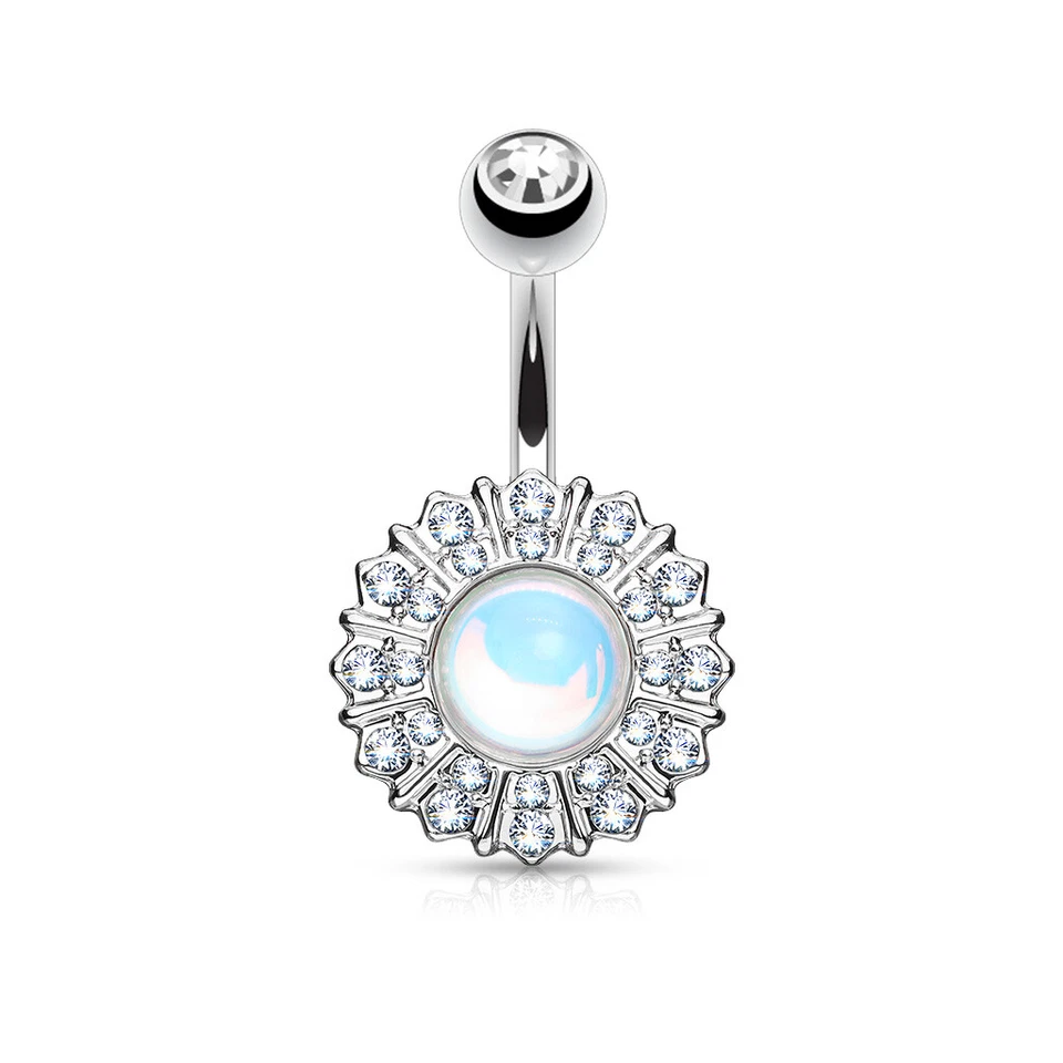 Belly bar cluster flower with faux moonstone in the centre 10 mm surgical steel - Image 1 of 1