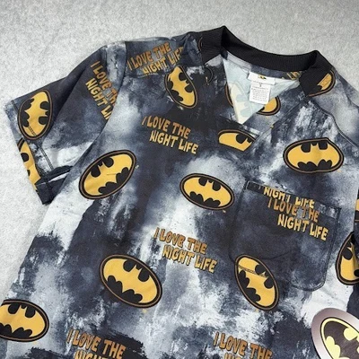 NWT Cherokee Tooniforms Batman Bat Signal Comics Scrub Top Small S V Neck NEW - Image 1 of 4