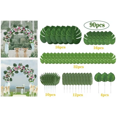 90 piezas hojas tropicales 6 tipos hojas de palma artificiales para bodas hawaiano Luau Foto 1 de 4