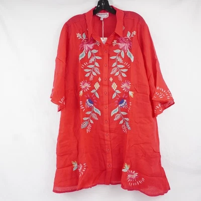 Johnny Was Talulla 花卉刺绣层叠荷叶边红色连衣裙 - PXXL 码 — 第 1/4 张图片