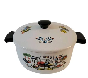 Vintage 50s Enameled Stock Pot New Old Stock White Mod Print - Picture 1 of 11
