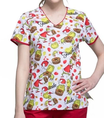 Dr. Seuss Christmas Double Pocket Scrub Top Grinch "I Love You Like Fruitcake" - Image 1 of 3
